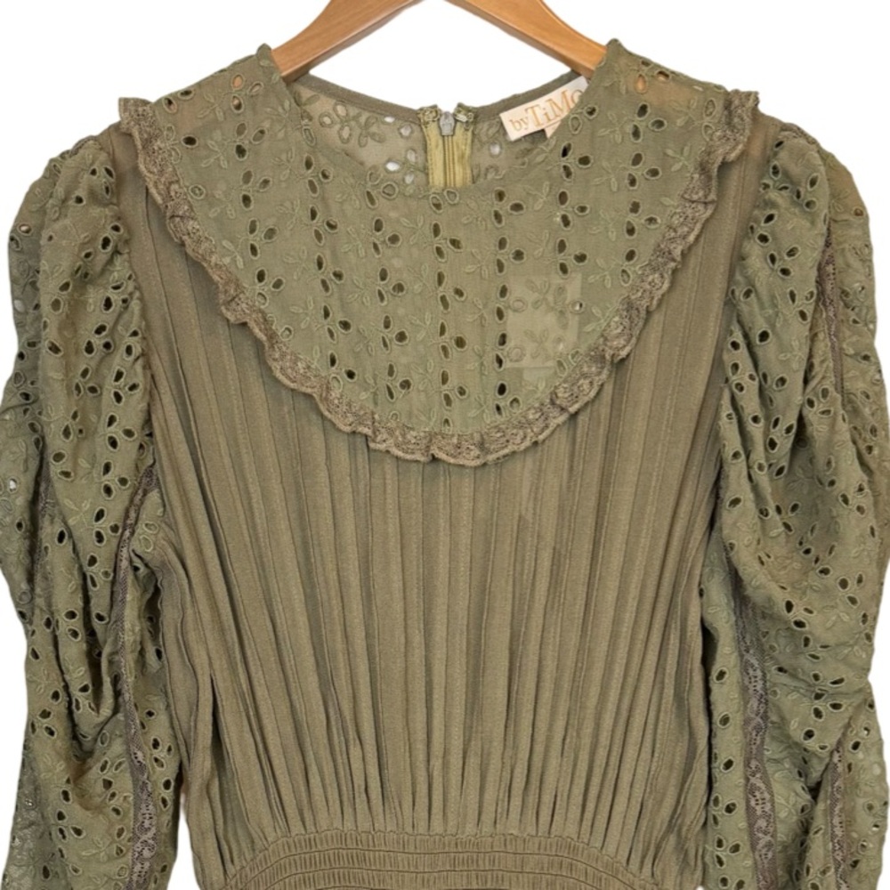 byTimo Slub Green Khaki Tiered Eyelet Lace Mini Dress NWT - Picture 2 of 8